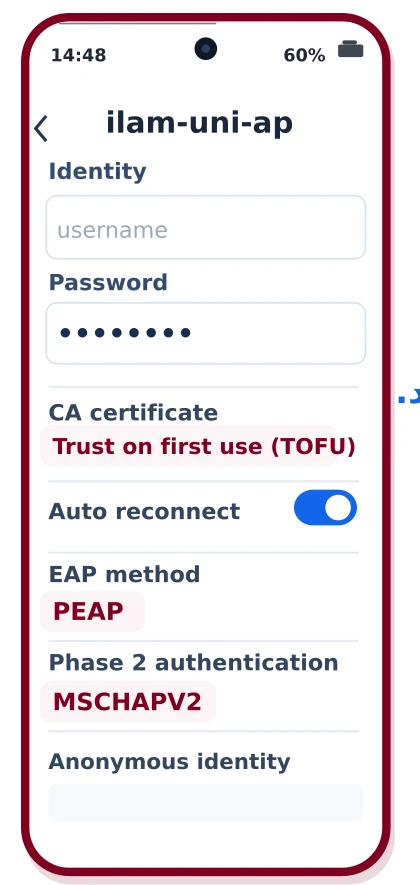 تنظیمات شبکه شامل Identity، CA certificate، PEAP و MSCHAPV2